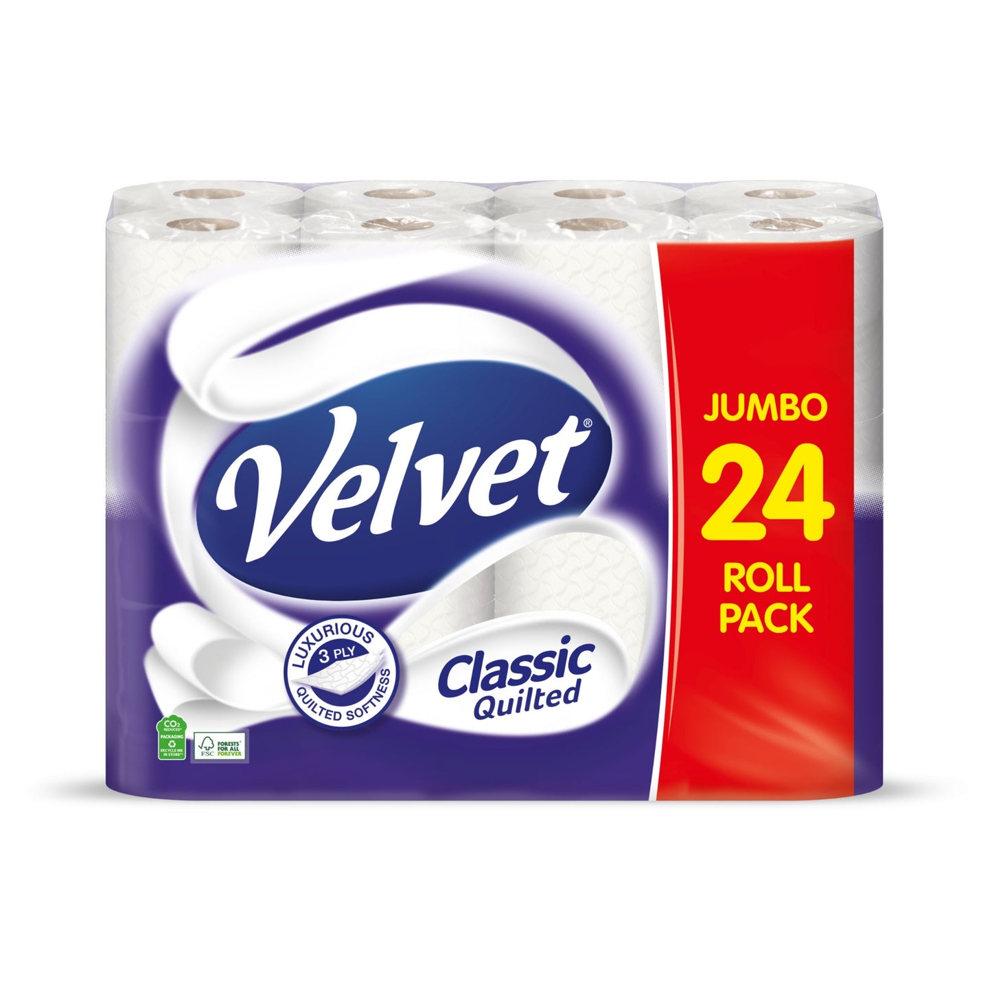 24PK Velvet classic quilted toilet roll 3ply 150Sht