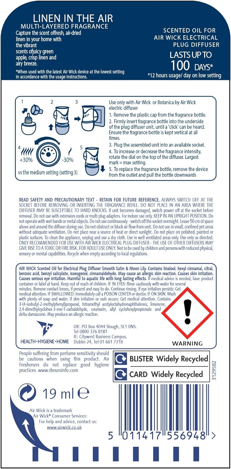 Air Wick Life Scents Air Freshener, Electrical Plug in Refill, Linen in The Air - 114ml (6 Refills x 19ml)