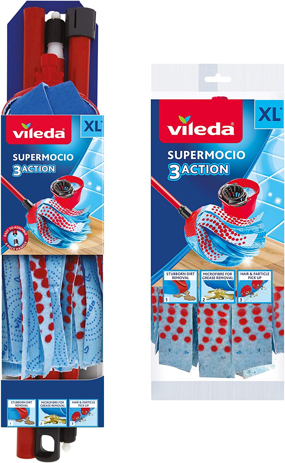 Vileda SuperMocio 3Action XL Compact Floor Mop with Extra Head Replacement | Mop for Cleaning Floors | Set of 1x Mop and 1x Refill, 12 x 11 x 48 cm | Red/Blue